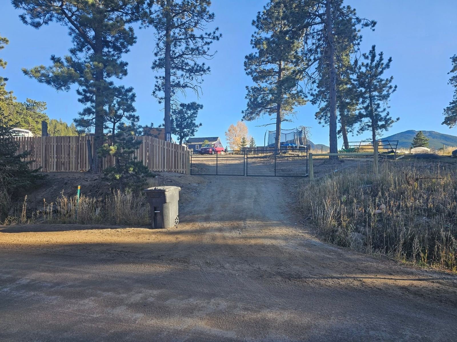 Driveway entry with metal gate and wood privacy fence